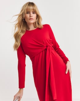 Red Ribbed Wrap Midi Dress