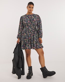 Blue Floral Printed Belted Skater Dress