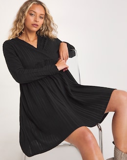 Black Wrap Front Ribbed Smock Dress
