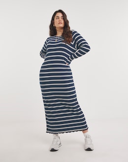 Blue Stripe Long Sleeve Ribbed T-Shirt Dress