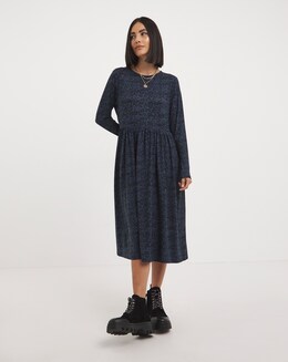 Blue Animal Print Supersoft Midi Dress With Pockets