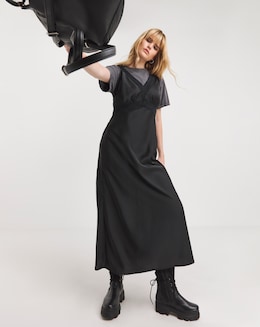 Black Lace Trim Satin Slip Dress