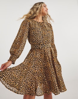 Leopard Print Georgette Belted Skater Dress