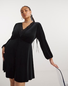 Black Velour Lace Trim Skater Dress