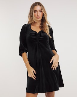Black Ruched Front Velour Tea Dress