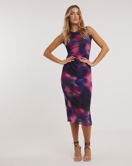Multi Ombre Print Ruched Mesh Midi Dress