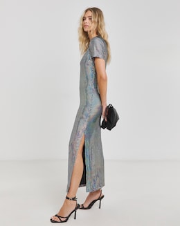Silver Irredescent Foil Midi Column Dress