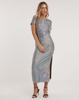 Silver Irredescent Foil Midaxi Column Dress