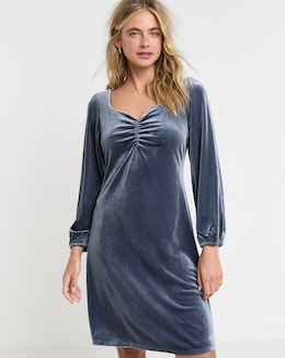 Blue Ruched Front Velour Tea Dress