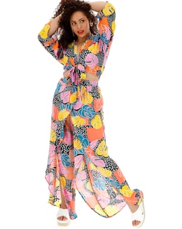 Floral Crinkle Split Wrap Wide Leg Trousers