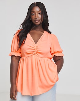 Peach Ruched Front Short Sleeve Top