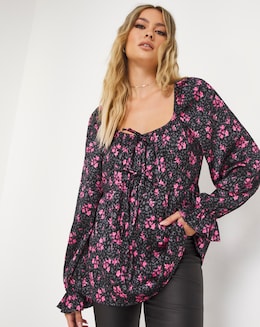 Black Floral Satin Square Neck Blouse with Tie Detail and Frill Cuffs