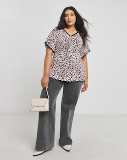 Foil Firework Print Wrap Top With Shirred Cuff