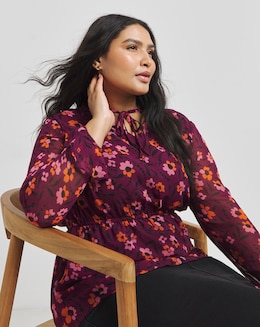 Pussybow V Neck Blouse With Elasticated Waist and Drawcord Tie