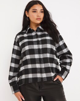 Mono Check Relaxed Cropped Brushed Dip Back Shirt