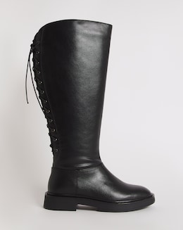 Bonn Lace Up Back Flat Knee High Boots Wide Fit Curvy Calf