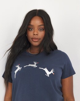 Navy Leaping Reindeer Novelty Print Short Sleeve T-Shirt
