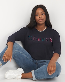 Navy Three Quarter Sleeve Christmas Sequin Slogan Top