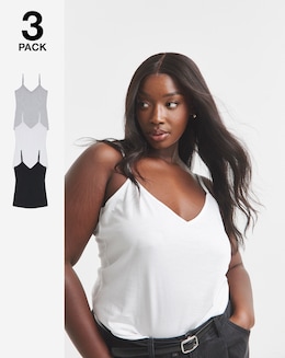 Black, White &amp; Grey 3 Pack V Neck Pure Cotton Longline Camis