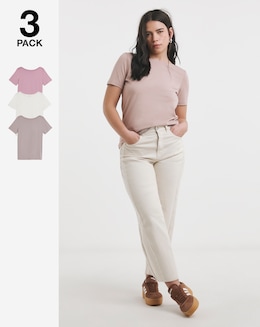 Ecru, Rose &amp; Mocha Pack 3 Short Sleeve Slash Neck Tops