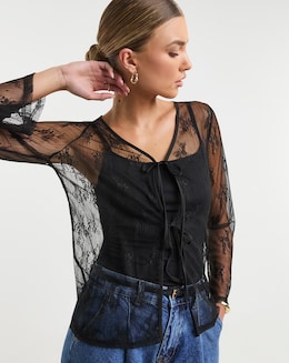 Black Lace Tie Front Cardi