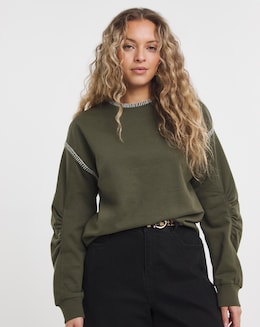 Khaki Whipstitch Detail Oversized Sweatshirt