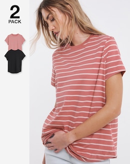 Black &amp; Pink Stripe 2 Pack Curved Hem Longline T-Shirts