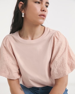 Pale Pink Broderie Sleeve Crew Neck T-Shirt