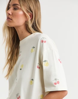 Simply Be Ecru Fruit Embroidered T-Shirt