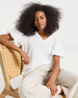 White Broderie Sleeve V Neck T-Shirt