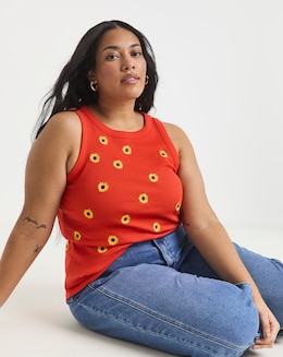 Red Ribbed Sunflower Embroidery High Neck Tank