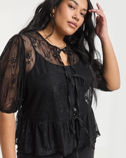 Black Lace Tie Front Top