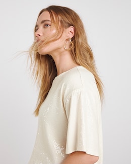 White Clear Sequin Boxy T-Shirt