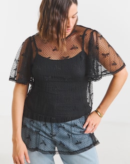Black Bow Print Lace Top