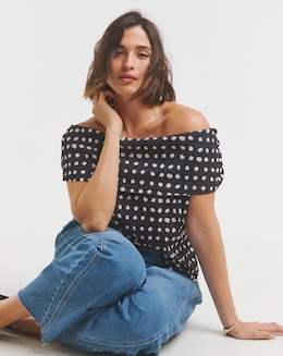 Spot Print Short Sleeve Mesh Bardot Top