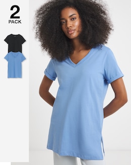 Black &amp; Blue 2 Pack Longline V Neck T-Shirts