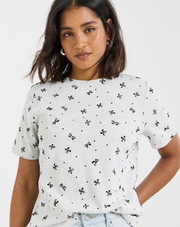 Grey Marl Bow Print T-Shirt