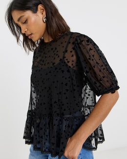 Simply Be Black Velvet Heart Mesh Puff Sleeve Top
