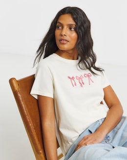 Simply Be Ecru Embroidered Bow T-Shirt