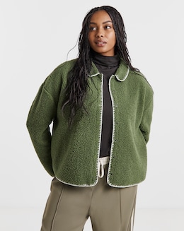 Khaki &amp; Cream Whipstitch Borg Button Through