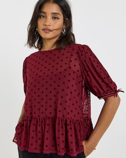 Burgundy Dobby Mesh Polka Dot Puff Sleeve Top