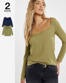 Navy &amp; Khaki 2 Pack Scoop Neck Tops