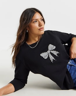 Black Pearl Bow Detail Long Sleeve T-Shirt