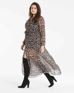 Leopard Print Ruffle V Neck Maxi Dress with Front Split