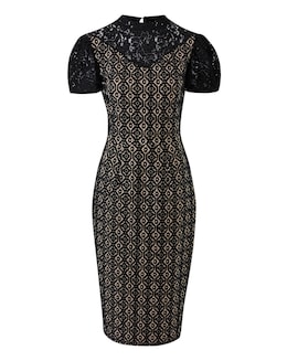 Black/Nude Puff Sleeve Lace Shift Dress