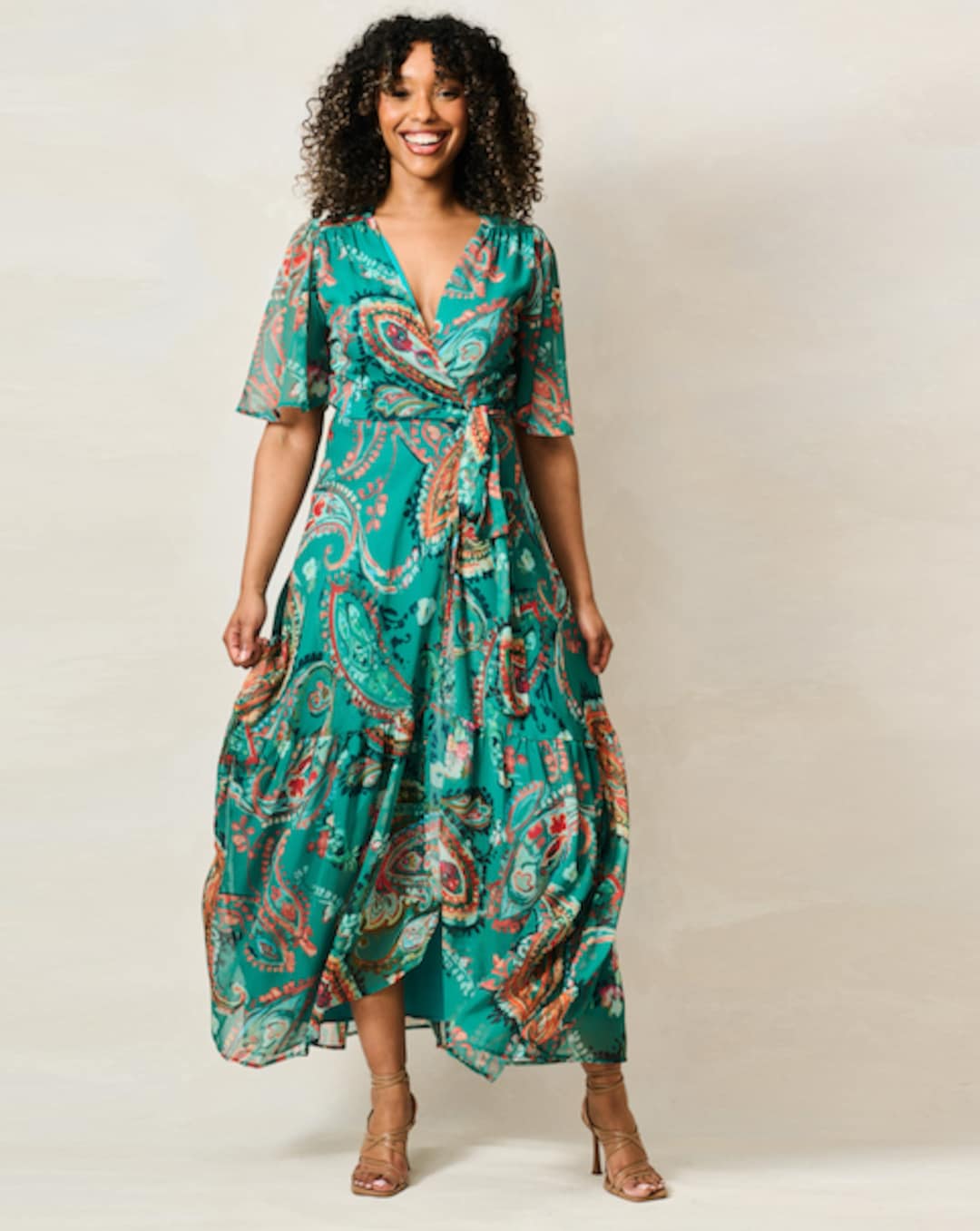 green formal dress midi WEDTREND Women Sage Green Floral Wedding Guest Dress with Flutter Sleeves  Jacquard A Line Maxi Dress with Bow Back – Wedtrend UK main image 0