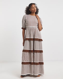 Neon Rose Gingham Midaxi Dress with Contrast Scales, trims, tie back detail