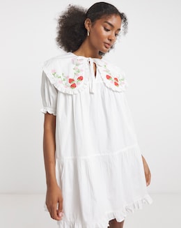 Neon Rose White Cotton Poplin Smock Dress with Strawberry Embroidery Collar