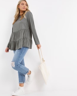 Grey Marl Long Sleeve Ribbed Tiered Smock Top