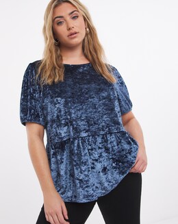 Navy Velvet Peplum Short Sleeve Top